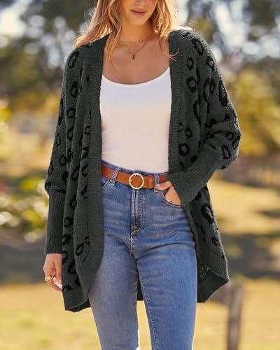 BTFBM Leopard Cardigan for Women Knit Fall Fashion Clothes - color: Dark Grey, size: Large