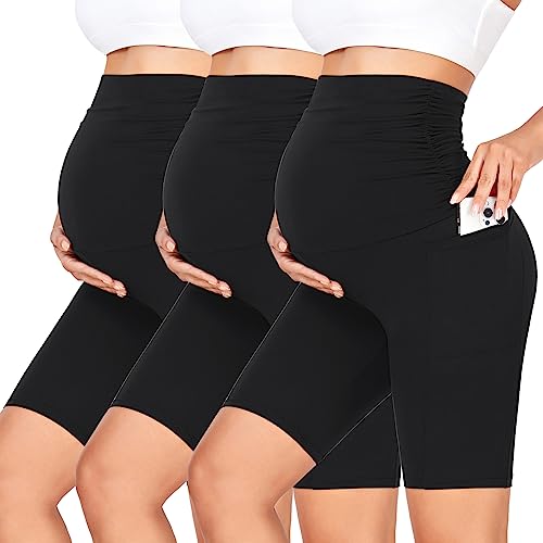 GROTEEN 3 Pack Women's Maternity Shorts with Pockets Over the Belly - color: Black/Black/Black, size: Small