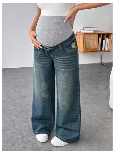 MakeMeChic Women's Maternity Jeans Wide Leg Over The Belly Denim Pant - color: Blue, size: Small