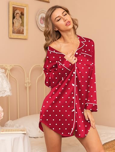 SWOMOG Women's Satin Sleep Shirt Long Sleeve Sleepwear Silk Nightshirt Button Down Pajama Top - color: Red Dot, size: Medium