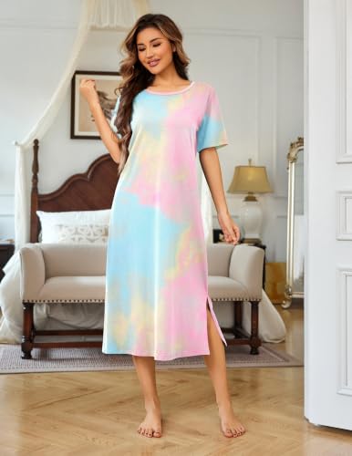 Ekouaer Cotton Nightgowns for Women Long Sleepshirts Soft Maxi Nightshirts - color: Tie Dye, size: Medium