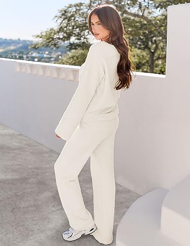 MEROKEETY Women's Fall Fleece 2 Piece Outfits Pajama Lounge Sets - color: Beige, size: Large