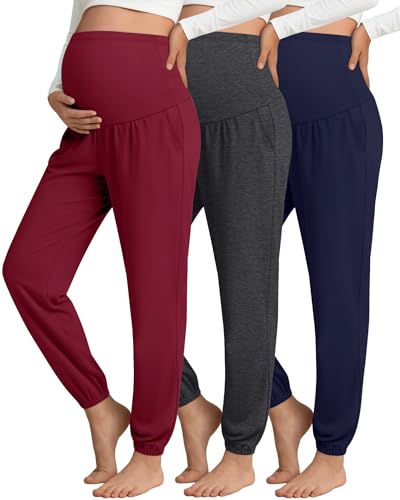 3 Pack Women's Maternity Jogger Pregnancy Sweatpants - color: Dark Red, Heather Black, Ink Blue, size: Large
