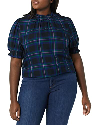 Amazon Essentials Women's Fluid Twill Short Puff Sleeve Ruffle Smock Detail Blouse - color: Black Multi Chelsea Tartan, size: X-Small