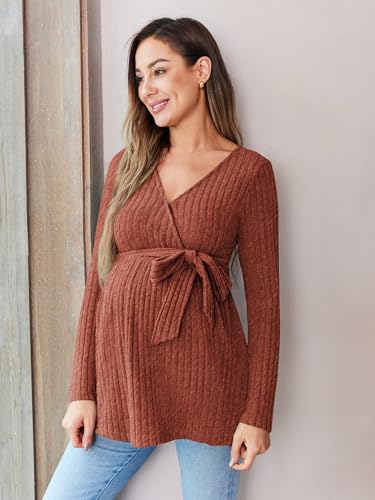 FMEYOA Women's Maternity Shirts Long Sleeve Pregnancy Tops - color: Brick Red, size: Medium