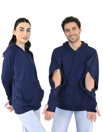 Inspired Comforts Unisex Dialysis & IV Access Hoodie – Dual Arm Zippers, Thumbhole Sleeves & Pockets - color: Navy, size: Small