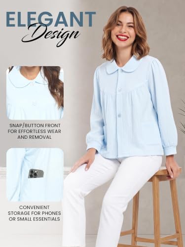 Casual Nights Women's Chenille Bed Jacket, Button Front Long Sleeve Sleep Top with Pockets - color: Blue, size: 3X