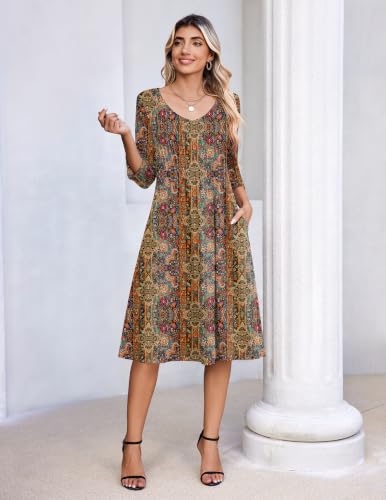Zeagoo 3/4 Sleeve Women's Dress Pleated Midi Casual Dresses with Pockets - color: Ethnic Prints, size: Medium
