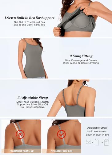 Womens Tank Tops Adjustable Strap Camisole with Built in Padded Bra Vest Sleeveless Layer Top 1/2/3 Packs - color: Dark Grey, size: Small