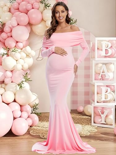 Glampunch Off Shoulder Maternity Dress for Photoshoot,Ruched Maternity Gown - color: Pink, size: Medium