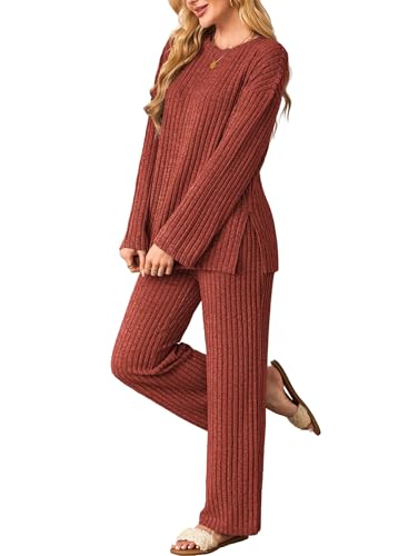 Kikibell Womens Sets 2 Piece Outfits Matching Lounge Set Cozy Knit Pajamas - color: Brick Red, size: Large
