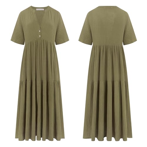 R.Vivimos Womens Summer Cotton Casual Flowy Maxi Dress - color: Army Green, size: Medium
