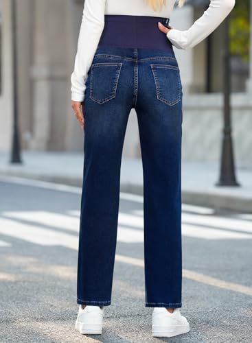BLENCOT Women's Over Belly Maternity Ankle Jeans Stretchy Denim Pants - color: Deep Blue, size: Medium