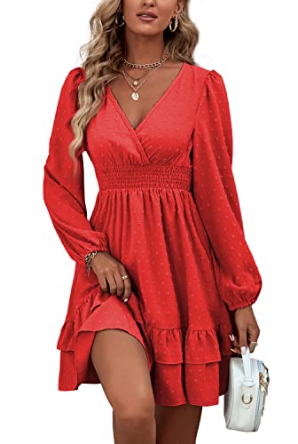 Rooscier Women's Wrap V Neck Swing Ruffle Swiss Dots Long Sleeve Mini Dress - color: True Red, size: Small