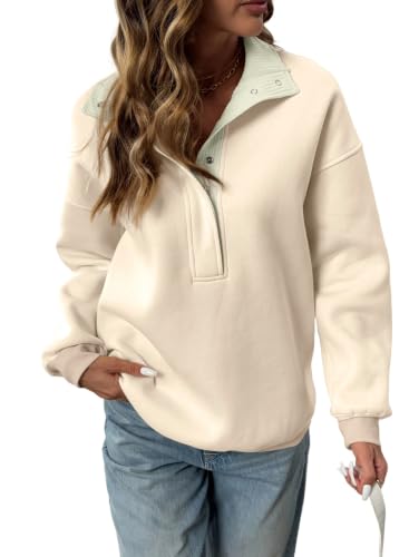 BLENCOT Women Mock Neck Sweatshirt Oversized Long Sleeve Henley Shirts - color: Beige, size: Small