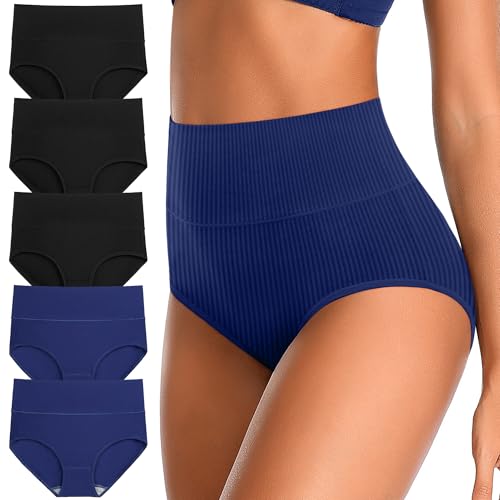 Womens Underwear Full Coverage Panties for Ladies Soft Breathable Cotton Briefs High Waisted Hipster - color: 3black+2blue, size: X-Small-Small