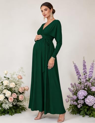 Maternity Long Sleeve V Neck Maxi Dress Tie Waist Flowy Maxi Gown - color: Darkgreen, size: Small