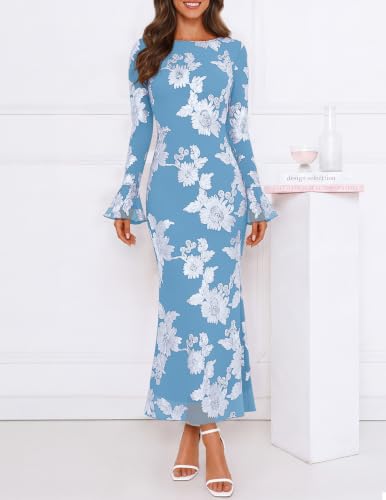 MEROKEETY Women's Floral Wedding Guest Cocktail Maxi Dress - color: Skyblue, size: X-Large