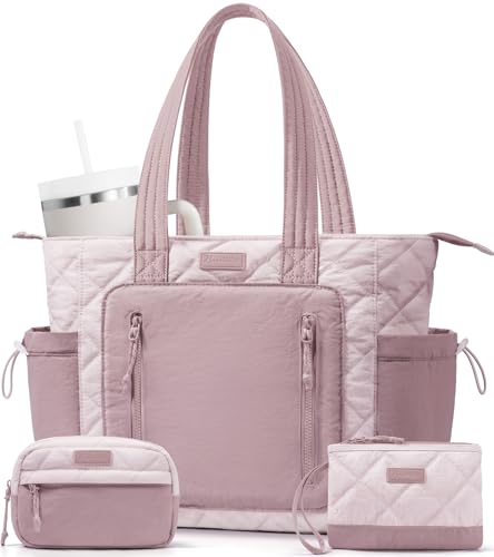 Bagstellar Puffer Tote Bag for Women, Lightweight Puffy Work Laptop Handbag - color: Pink