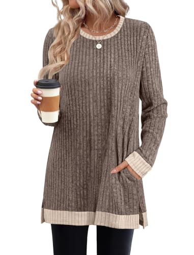 Sampeel Long Sleeve Shirts for Women Tunic Sweaters Fall Fashion Outfits - color: Brown, size: Medium