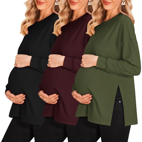 Ekouaer 3 Packs Maternity Shirts Split Side Pregnancy Workout Tops - color: 3pcs- Black + Burgundy Red + Army Green, size: Medium