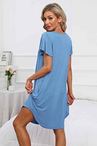 Womens Pleated Front Loose Fit Short Sleeve Nightgowns Sleep Dress - color: A-solid - Baby Blue, size: Large