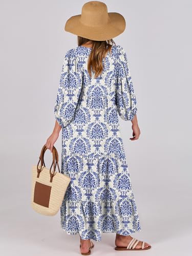 ANRABESS Womens Boho Floral 3/4 Puff Sleeve Maxi Dress - color: Blue Khaki, size: Small