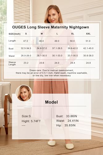 OUGES Cotton Blend Maternity Pajamas Nightgown Button Down Nursing Gown Labor Delivery Breastfeeding Dress with Pockets - color: Brick Red, size: Medium