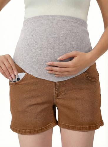 BLENCOT Maternity Jeans Over The Belly Pregnancy Clothes with Pockets - color: Brown, size: Small