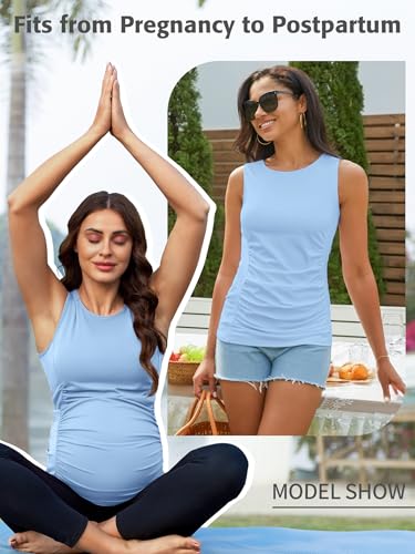 ATTRACO Women's Maternity Tank Tops with Built in Bra Side Ruched Sleeveless Pregnancy Tank - color: Blue, size: X-Large