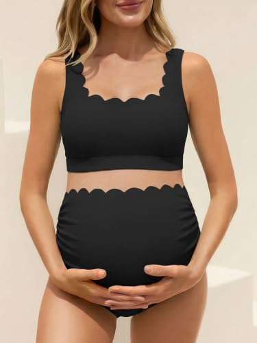 Scalloped Maternity Bikini Swimsuit Two Piece Bow Tie Swimwear - color: Black, size: 10