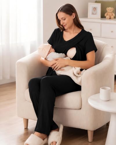 Rnxrbb 3 PCS Women Nursing Pajamas Set Postpartum Maternity Pj with Pockets - color: Black, size: Medium