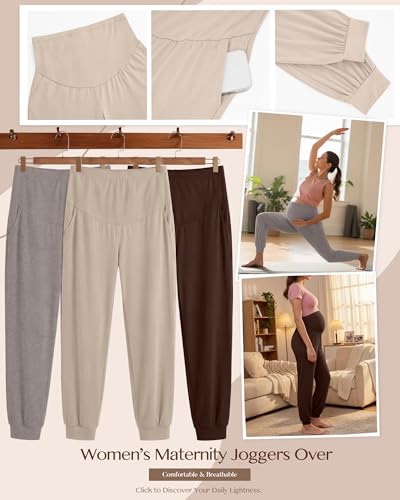 3 Pack Women's Maternity Pants Pregnancy Joggers - color: Apricot, Smoky Heather Gray, Dark Brown, size: Medium