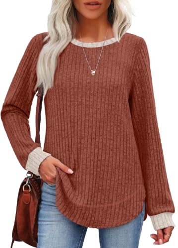 OFEEFAN Womens Sweaters Crew Neck Tunic Tops Long Sleeve Shirts Curved Hem - color: B-caramel Color Block, size: X-Large