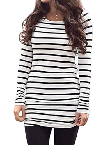 Sherosa Womens Basic Casual Long Sleeve Slim Fit T Shirt Dress Tunic Top - color: Black and White, size: Large