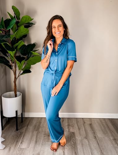 Ekouaer Womens Pajama Sets 2 Piece Button Down Short Sleeve Pjs Set Soft Lounge Set with Long Pants S-XXL - color: Lake Blue, size: X-Large
