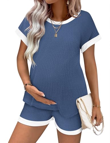 Ekouaer Maternity Pajamas 2 Piece Outfits Waffle Knit Pregnancy Sleepwear - color: Blue, size: Medium