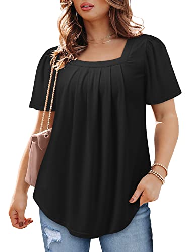 BETTE BOUTIK Womens Summer Tops Short Sleeve Pleated Square Neck Tunics Shirts Blouses S-3XL - color: 0-black, size: Medium