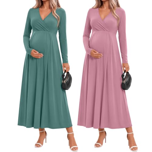 Neer 2 Pcs Maternity Maxi Dresses Long Sleeve Fall Nursing Dress - color: Sage Green, Dusty Pink, size: XX-Large