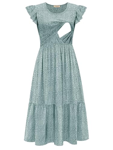 CzzzyL Women's Nursing Dress Flutter Sleeve Crew Neck Smocked Midi Pockets - color: Leopardcyan, size: Medium