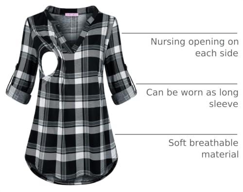 Joymom Maternity Rolled Long Sleeve Nursing Tops Tunic Blouses Breastfeeding - color: 1-4 Black White Plaid, size: Medium