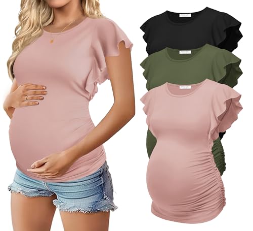 Ekouaer Maternity Shirts 3 Pack Flying Short Sleeve Tops Pregnancy Clothes - color: Black / Pink / Army Green(3pcs), size: Medium