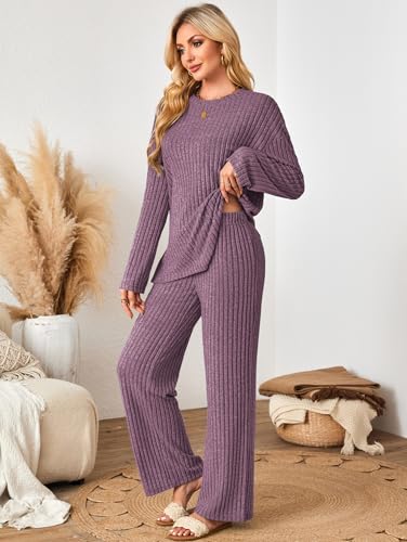 Kikibell Womens Sets 2 Piece Outfits Matching Lounge Set Cozy Knit Pajamas - color: Purple, size: Medium