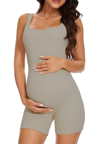 BDITANLE Maternity Workout Romper Pregnancy Yoga Ribbed One Piece Seamless Tank Top Jumpsuit - color: 08grey, size: Large
