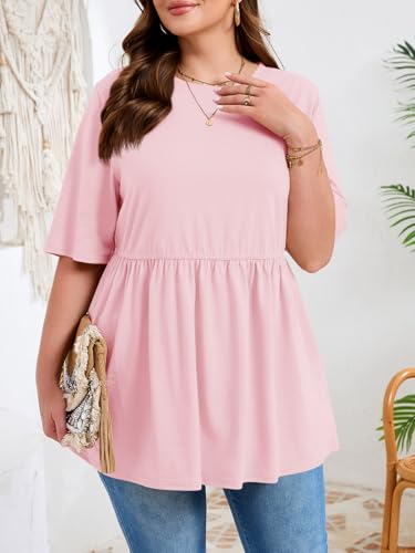 Beautife Womens Plus Size Babydoll Tops Summer Peplum Flowy Tunic Blouses - color: Pink, size: 3X-Large Plus