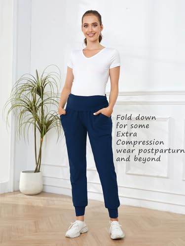 PARNIXS Maternity Two-Piece Set Basic Stretch Design with Pockets Soft Leggings for Active Moms Yoga Pants - Year-Round Wear - color: Black+deep Blue, size: Small