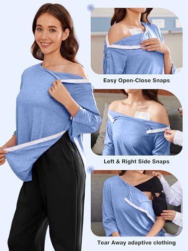Deyeek Women's Post Shoulder Surgery Shirts Tear Away 3/4 Snap Tops - color: Blue, size: X-Large