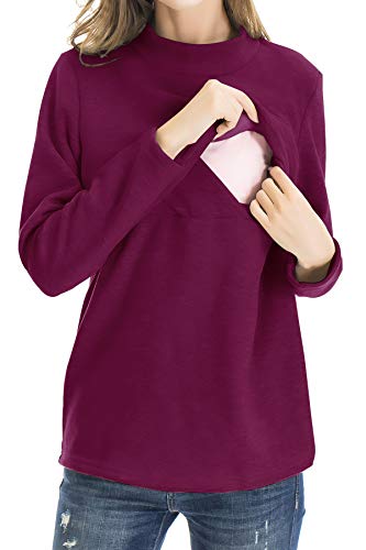 Smallshow Women's Fleece Nursing Tops Shirts Long Sleeve Breastfeeding Clothes - color: Burgundy, size: Medium