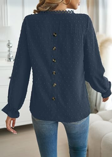 Falechay Boho Tops for Women Ruffle Long Sleeve Crewneck Swiss Dot Shirts - color: Blue, size: Medium