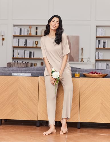Ekouaer Women's Lounge Sets Short Sleeve Top Long Pants 2 Piece Outfit Set - color: Black&champagne, size: Small